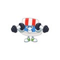 Uncle sam hat mascot icon on fitness exercise trying barbells