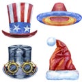 Set of watercolor illustrations of hats on white background