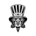 Uncle Sam head vector, man in cylinder hat with goatee beard. Illustration in black and white style isolated on white