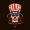 Uncle Sam head vector, man in cylinder hat with goatee beard. Illustration in colored style on dark background