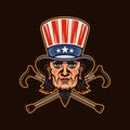 Uncle Sam head vector, man in cylinder hat with goatee beard and two crossed canes. Illustration in colored style on