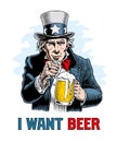 Uncle Sam holding beer mug and pointing. Funny retro comic style vector illustration.