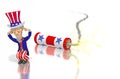 Uncle Sam plugs ears with firecracker