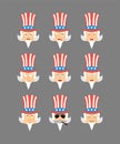 Uncle Sam set emoji avatar. sad and angry face. guilty and sleeping. Man sleeping emotion face