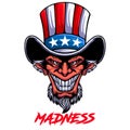 Uncle sam vector illustration. Madness uncle sam mascot illustration. Caricature of uncle sam. Uncle sam head. Patriot American.