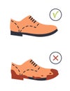 Unclean dirty and clean footwear. Brown color flat sole trendy brogue, oxford or derby shoes. Muddy boots. Vector flat Royalty Free Stock Photo