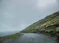 Unclear and blurred view Front window car in between raining. Winding country road or a little winding mountain stream. A path Royalty Free Stock Photo