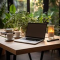 Uncluttered workspace laptop, coffee cup, notebook, houseplant, wooden table