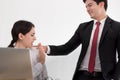 The uncomfortable scared woman and worry by her boss at the office in Sexual harassment at the workplace Royalty Free Stock Photo