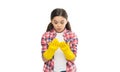 Uncompromising quality and service. Housekeeping duties. Cleaning supplies. Girl rubber gloves for cleaning white Royalty Free Stock Photo