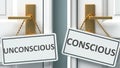 Unconscious or conscious as a choice in life - pictured as words Unconscious, conscious on doors to show that Unconscious and