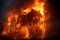 Uncontrolled Building fire closeup. Generate Ai