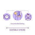 Uncontrolled eating concept icon. Mindless eating, overeating idea thin line illustration. Late night snacks, junk food