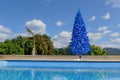 Unconventional blue christmas tree in green tropical garden with swimming pool