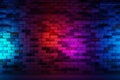 Unconventional Neon blue red brick wall structure. Generate AI