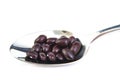 Uncoocked red beans on metal spoon. Gernika beans. Royalty Free Stock Photo