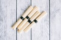 Uncooked asian egg noodles on a wooden background, close up Royalty Free Stock Photo