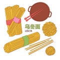 Uncooked asian udon Noodles set. Traditional Oriental Noodle Vector linear illustration. Korean or Japanese food