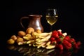 Uncooked asparagus, potatos and strawberries in front of a black background, with a glass of wine and a jar like a stil