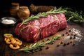 uncooked beef roast seasoned with fresh garlic and rosemary twigs