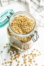 Uncooked brown lentils. Raw legume in jar on white table Royalty Free Stock Photo