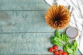 Uncooked buckwheat noodles and fresh ingredients on wooden table, flat lay. Space for text Royalty Free Stock Photo