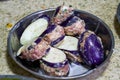 Uncooked Cantonese gourmet meat-stuffed eggplant close-up Royalty Free Stock Photo