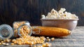 Uncooked corn kernels spilled out of a jar on a wooden table Royalty Free Stock Photo