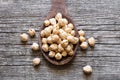 Uncooked dried chickpeas in bowl or spoon on table Royalty Free Stock Photo