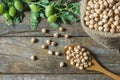 Uncooked dried chickpeas in burlap sack with raw green chickpea pod plant on wooden table