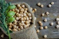 Uncooked dried chickpeas with raw green chickpea pod plant on wooden table Royalty Free Stock Photo