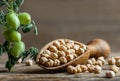 Uncooked dried chickpeas in wooden shovel with raw green chickpea pod plant on wooden table Royalty Free Stock Photo