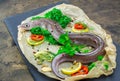 Uncooked eel fish, conger,parsley, salt and lemon - ingredients for cooking Royalty Free Stock Photo