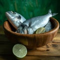 Uncooked fish with lime and herbs in a wooden bowl