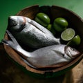 Uncooked fish with lime and herbs in a wooden bowl