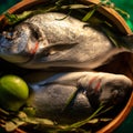 Uncooked fish with lime and herbs in a wooden bowl