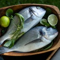 Uncooked fish with lime and herbs in a wooden bowl