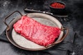 Uncooked flank steak, raw beef flap meat steak. black background. top view Royalty Free Stock Photo