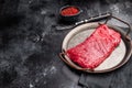 Uncooked flank steak, raw beef flap meat steak. black background. top view Royalty Free Stock Photo