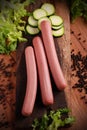 Uncooked frankfurters with fresh vegetables Royalty Free Stock Photo