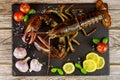 Uncooked fresh lobster on black board with spices and vegetables