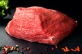 Uncooked fresh pork and beef. Raw red meat with black stone background and spices