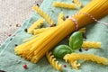 Uncooked gluten free pasta from blend of corn and rice flour