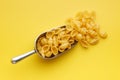 Uncooked gnocchi pasta. Raw italian pasta in scoop on yellow background