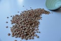 Green lentils in a bowl on white background