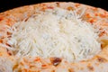 Uncooked homemade cheese pizza baking in electric oven - close up Royalty Free Stock Photo
