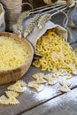 Uncooked Italian pasta Farfalle, Elbow macaroni and Fusilli Royalty Free Stock Photo