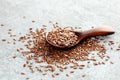 Uncooked linseed in wooden spoon, rustic style. Healthy linseed