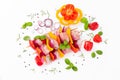 Uncooked mixed meat skewer with peppers.Skewers with pieces of raw meat, red, yellow pepper.Top view.Chicken Skewers Royalty Free Stock Photo