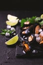 Uncooked mussels on ice with cilantro and coriander Royalty Free Stock Photo